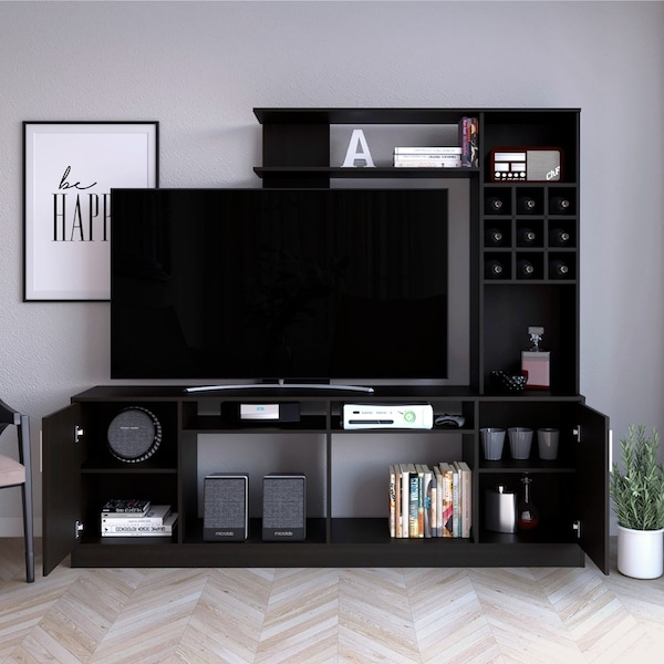 Tuhome Kava Entertainment Center, 6 External Shelves, 2 Door Cabinet, Storage Spaces TV's up 37in, Black CLW6717 - main